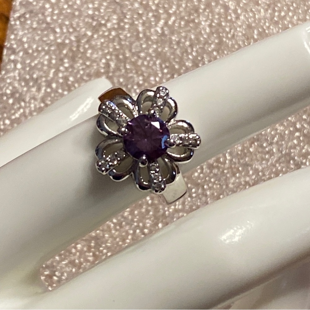 Silver Tone Amethyst Ring JS Size 6